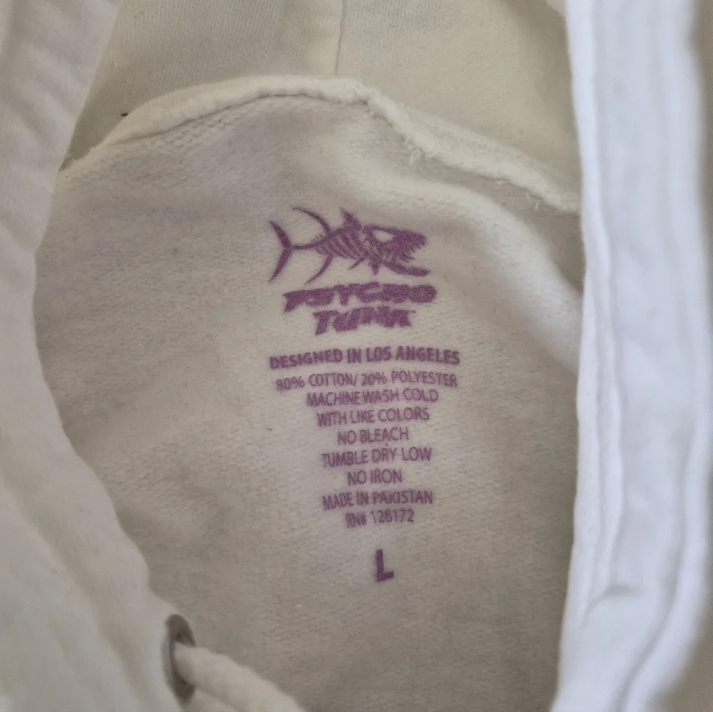 Psycho Tuna Men's Cotton Blend White Hoodie with Blue Graphic